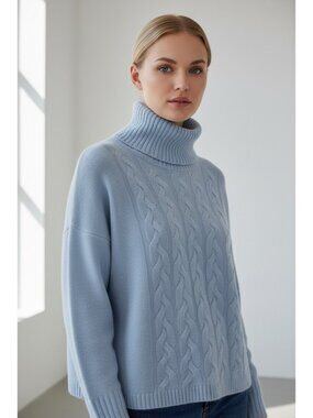 Griffen Luxe 100% Cashmere Baby Blue Cable Knit Turtleneck Sweater Size Large